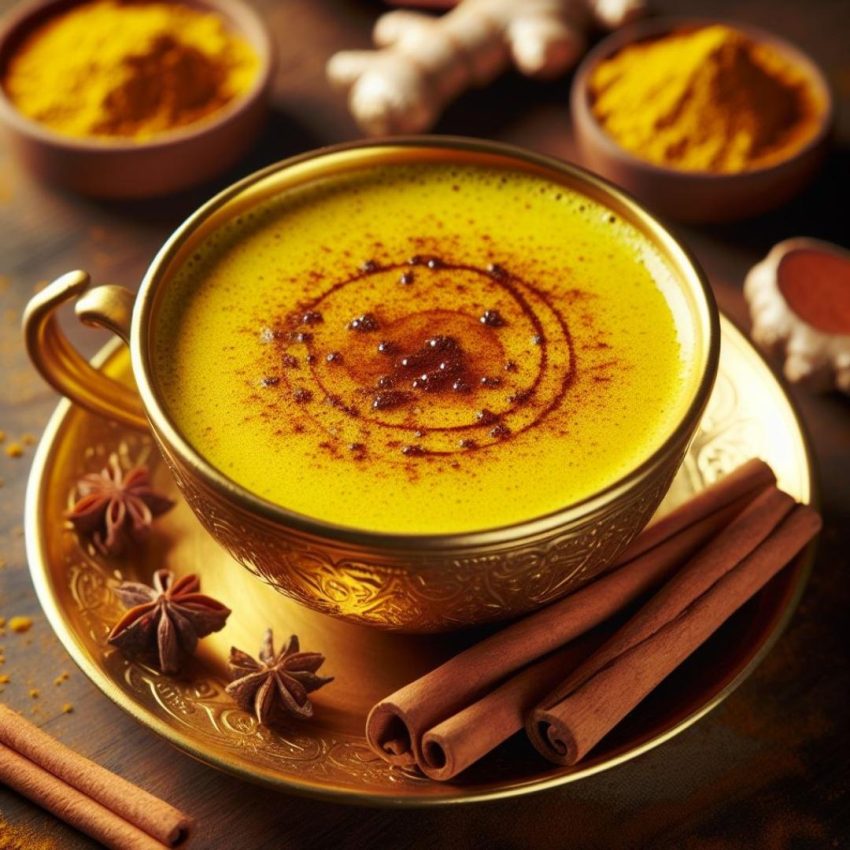 Goldene Milch in einer Tasse mit Zimtstange und Kurkuma-Dekoration